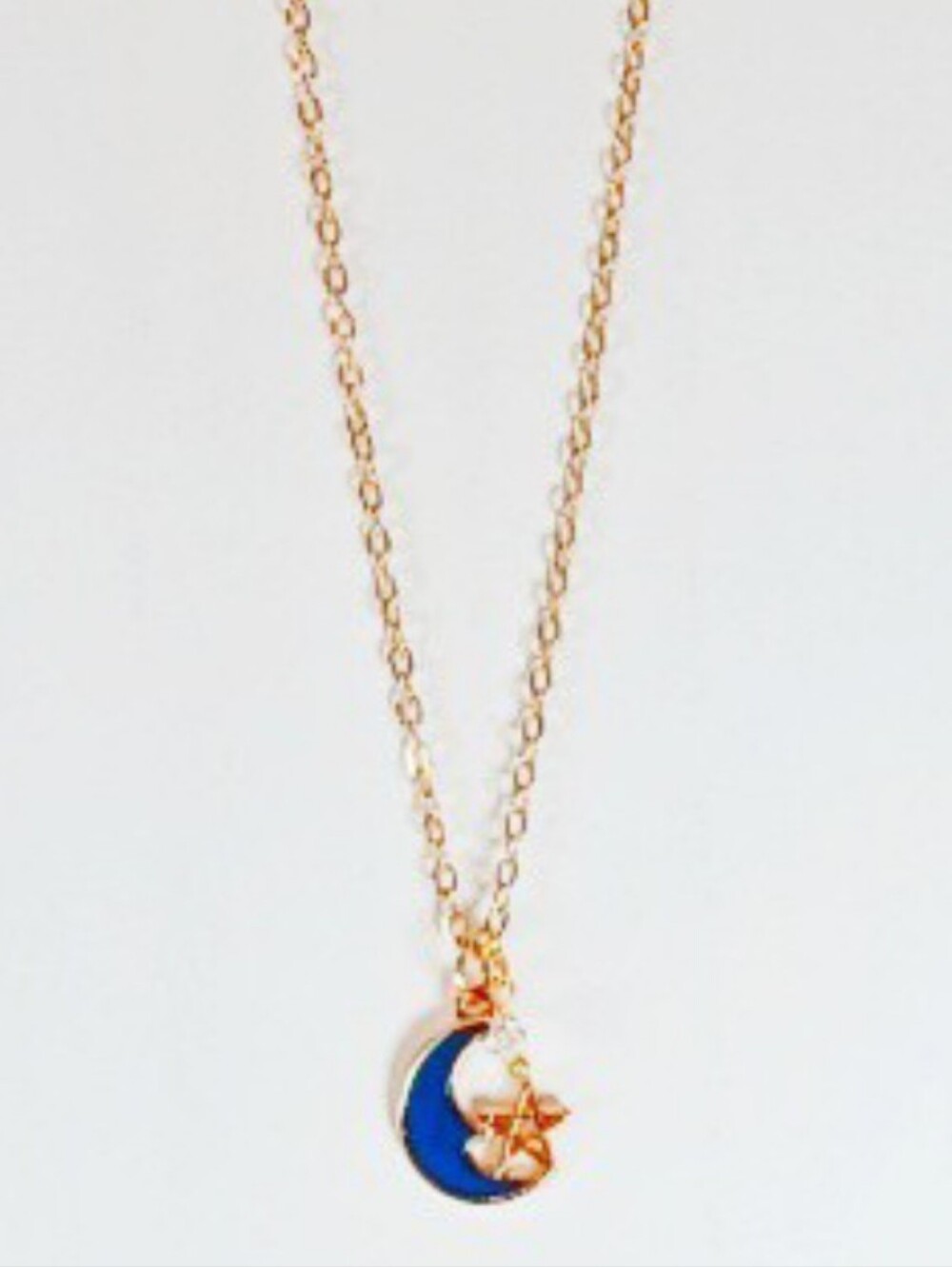 Gold Necklace with Blue Crescent Moon and Star Charm Celestial Cosmic Witch 90s